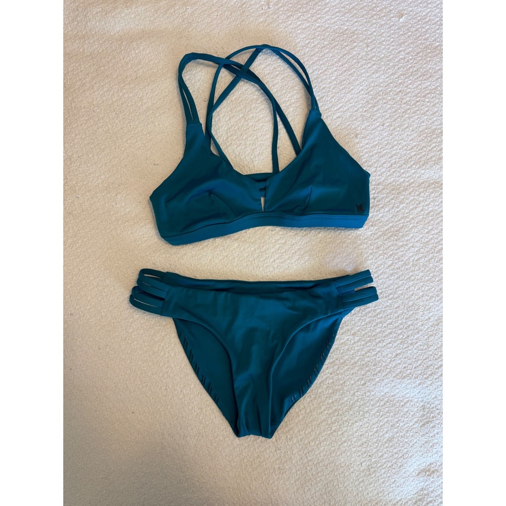 Hurley Teal Blue Two Piece Bikini Set Strappy Crisscross Back Swimsuit